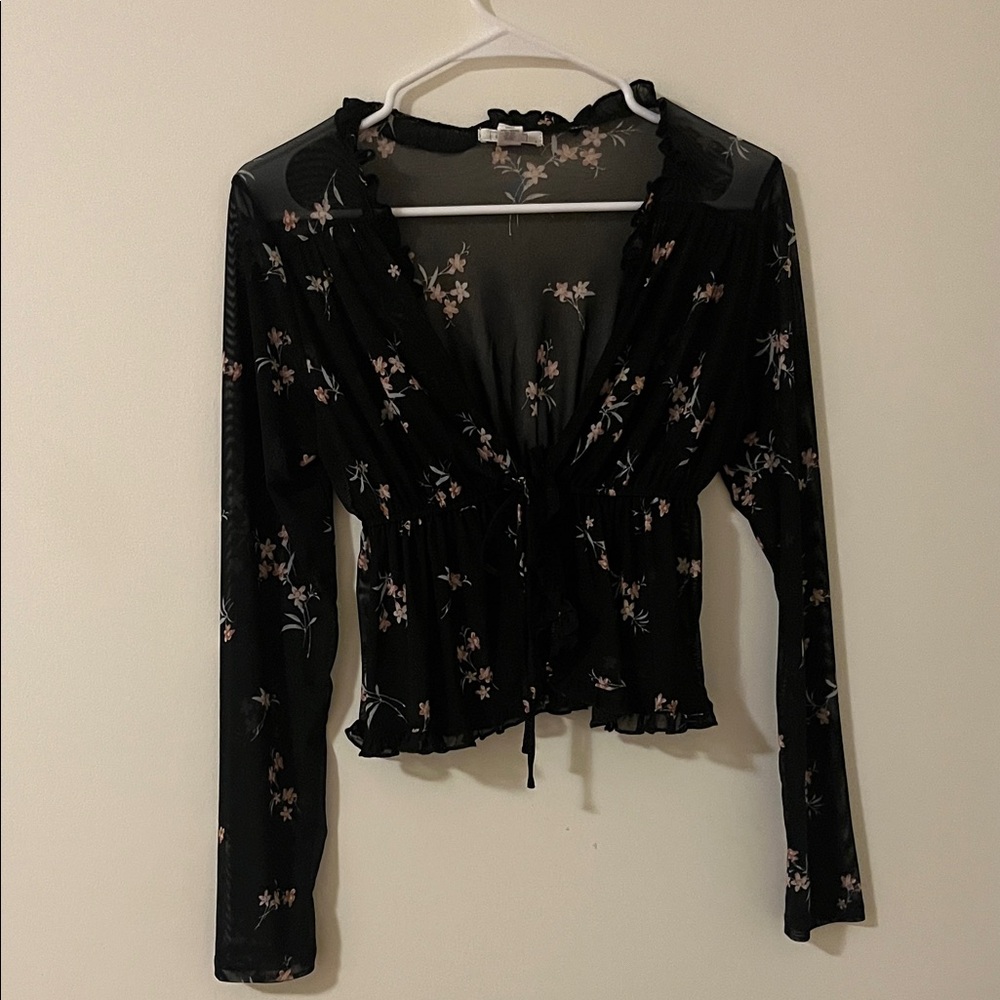 Tilly's Black Floral Sheer Long Sleeve Top